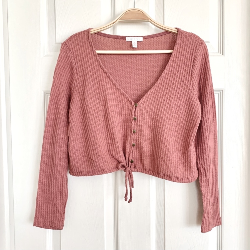 Pink Waffle Knit Thermal V-Neck Henley Long Sleeve Top